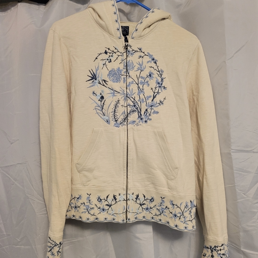 Lucky Brand Cream Blue Embroidered Floral Jacket